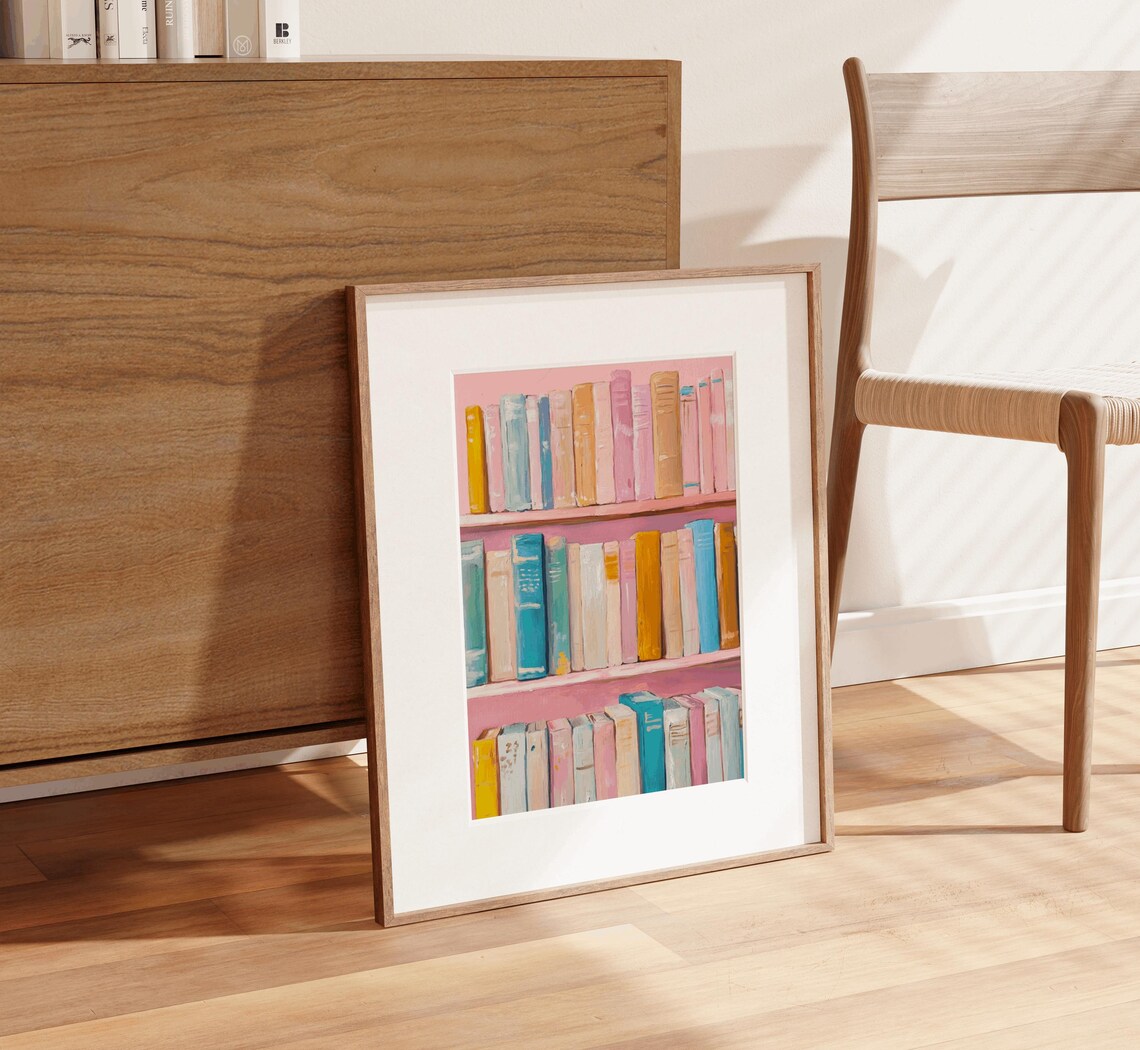 Pink Bookshelf Colorful Books Library Reading Room Watercolor Print