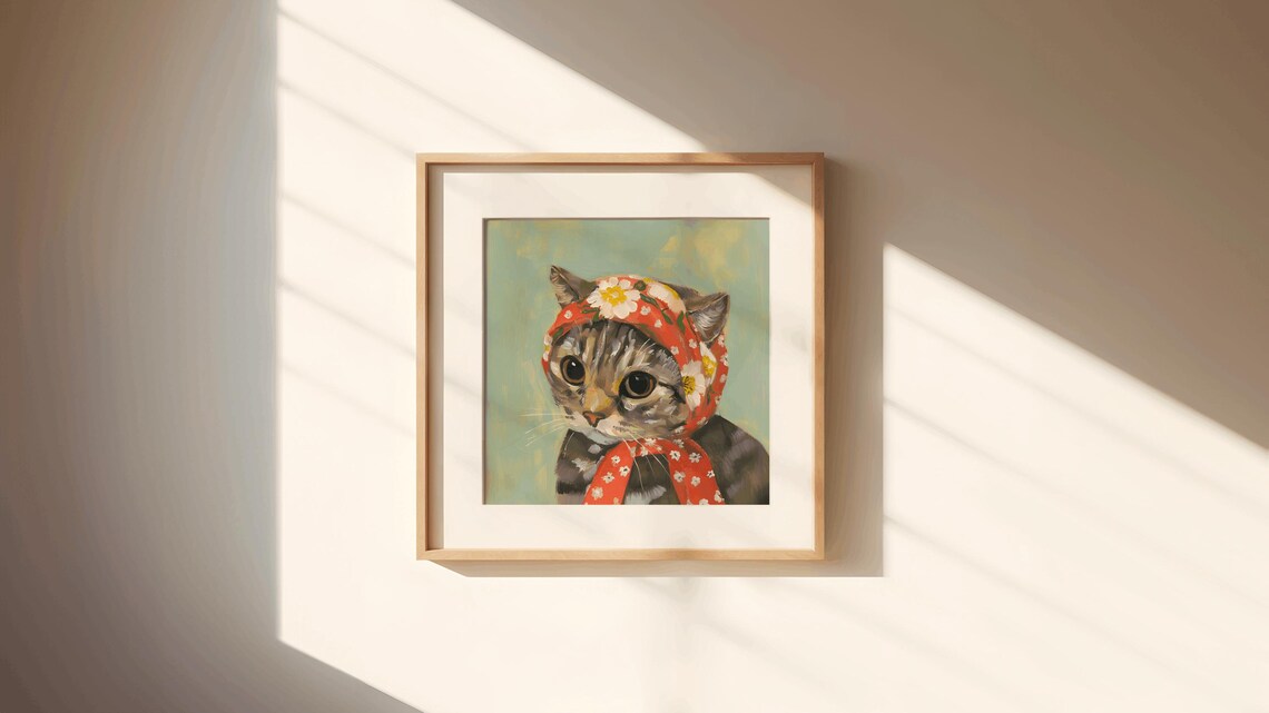 Grey Tabby Babushka Cat, Vintage Farmhouse Art Print - Image 3