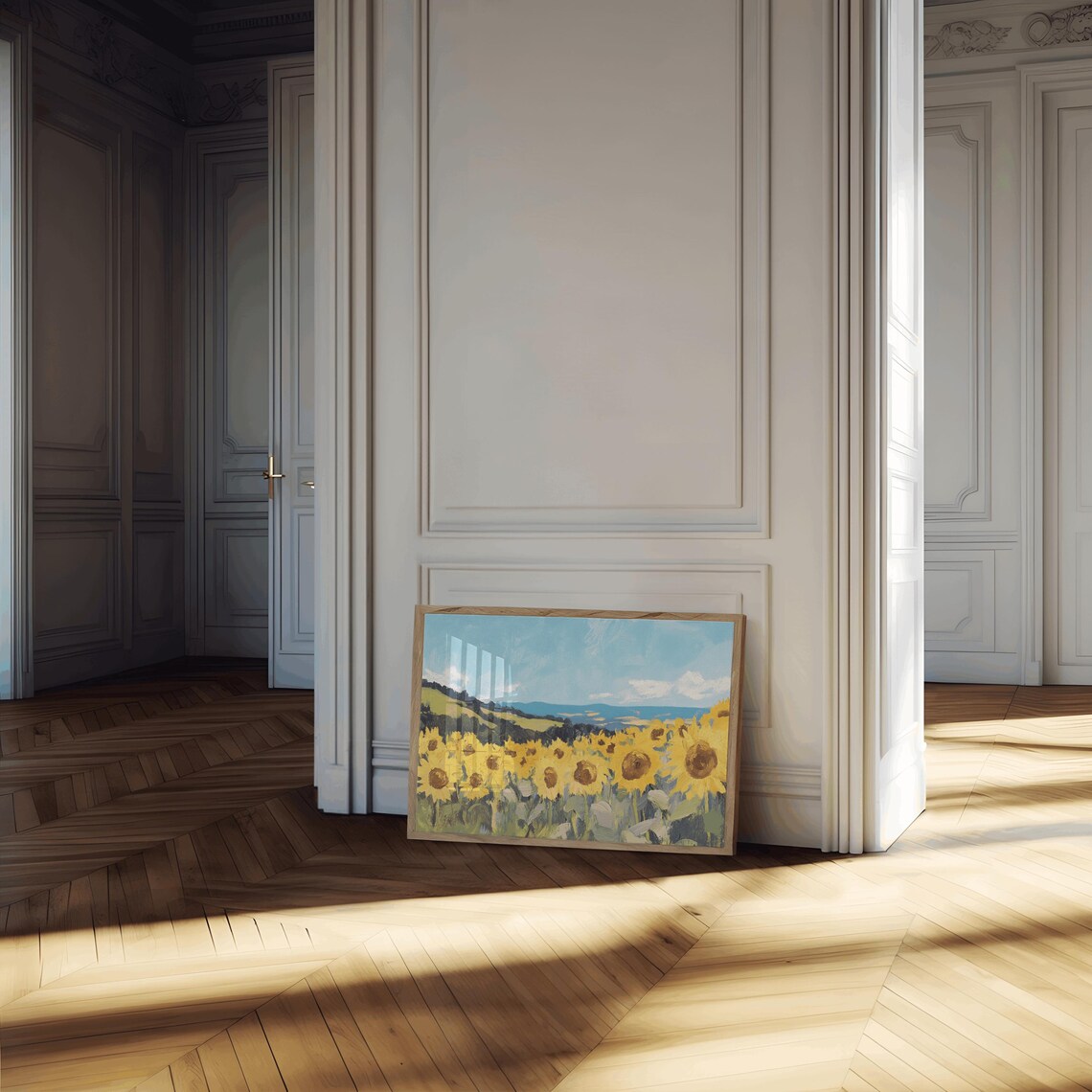 Sunflower Field Painting Blue Sky Countryside Summer Art Poster - Image 2
