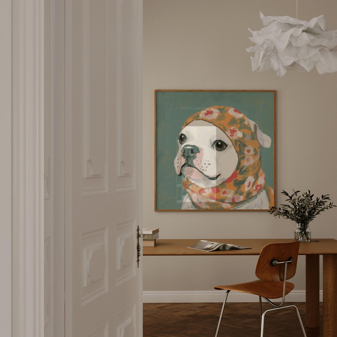 Adorable White English Bulldog Floral Babushka Portrait Poster - Image 3