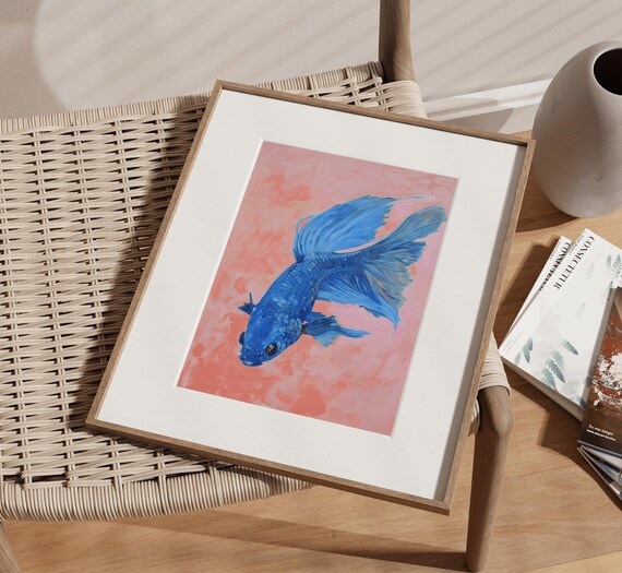 Abstract Betta Fish Girls Room Wall Art Minimalist Wall Art Fish Painting Fine Art Posters Coastal Artwork Pink Aesthetic Wall Art