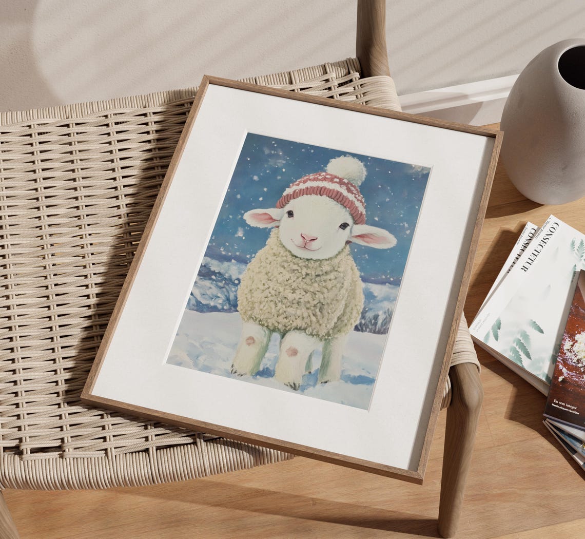 Adorable Lamb Wearing Red Knit Pom Hat in Snowy Winter Poster - Image 3