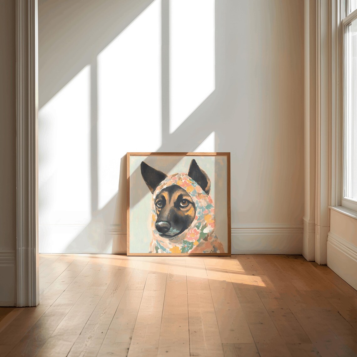 Sweet German Shepherd Puppy In Floral Babushka Portrait Poster