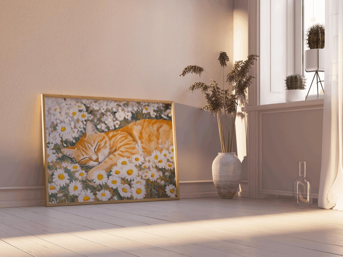 Ginger Cat Daisy Flowers Pet Print, Floral Cat Art - Image 3