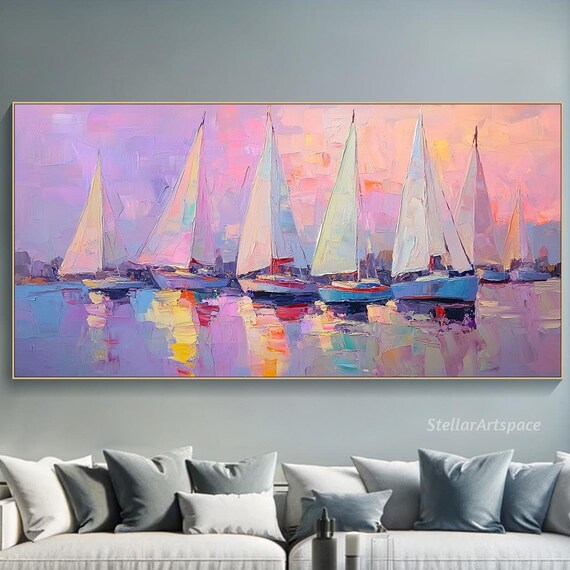 Vibrant Sailboat Painting On 3d Textured Nautical Wall Art Colorful Impressionist Seascape Art Large Sailing Painting Living Room Art