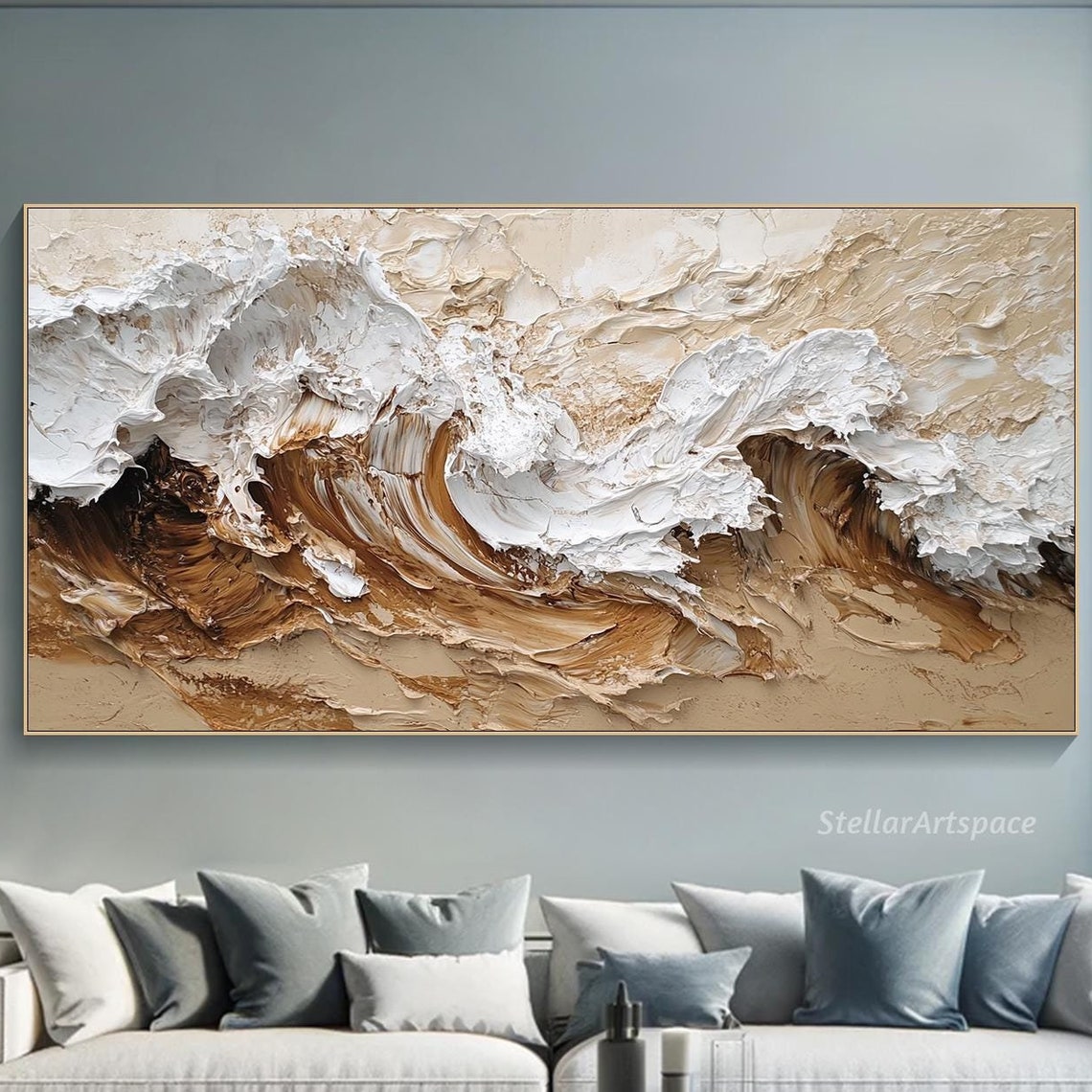 Neutral Ocean Wave Beige White Abstract Surf Impasto Modern Poster