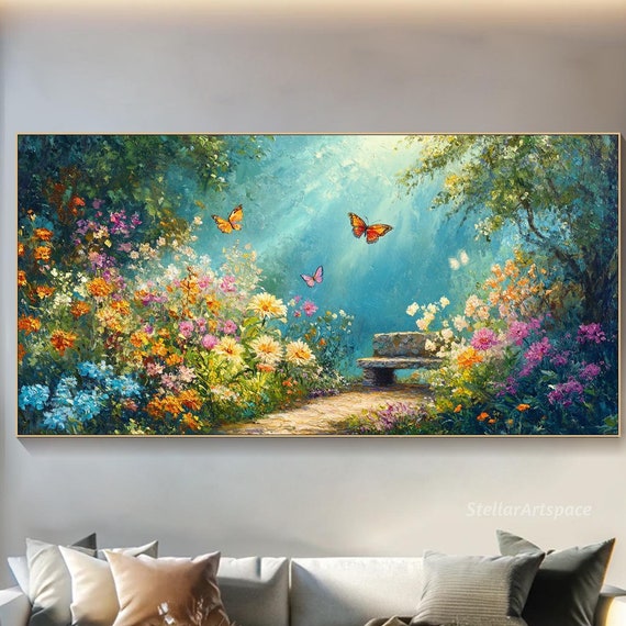 Butterfly Garden Painting On 3d Vibrant Floral Textured Wall Art Nature Inspired Art Colorful Flowers Bench Artwork Living Room Art