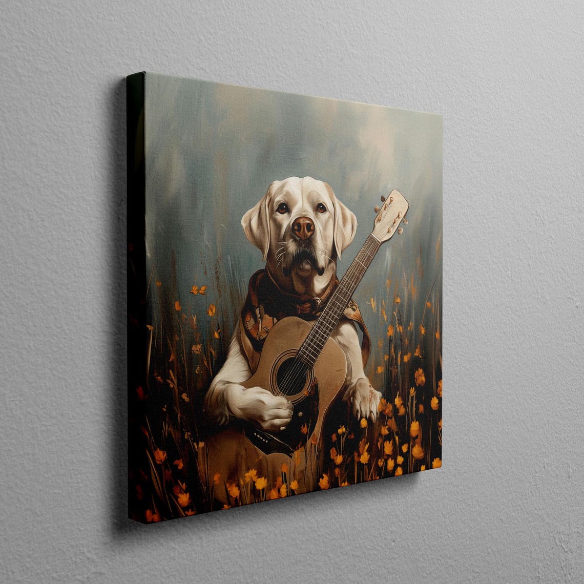 Yellow Labrador Holding A Guitar In A Wildflower Meadow Poster - Image 2