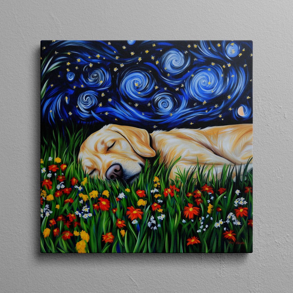 Yellow Labrador Sleeping in a Starry Night Flower Field Wall Art