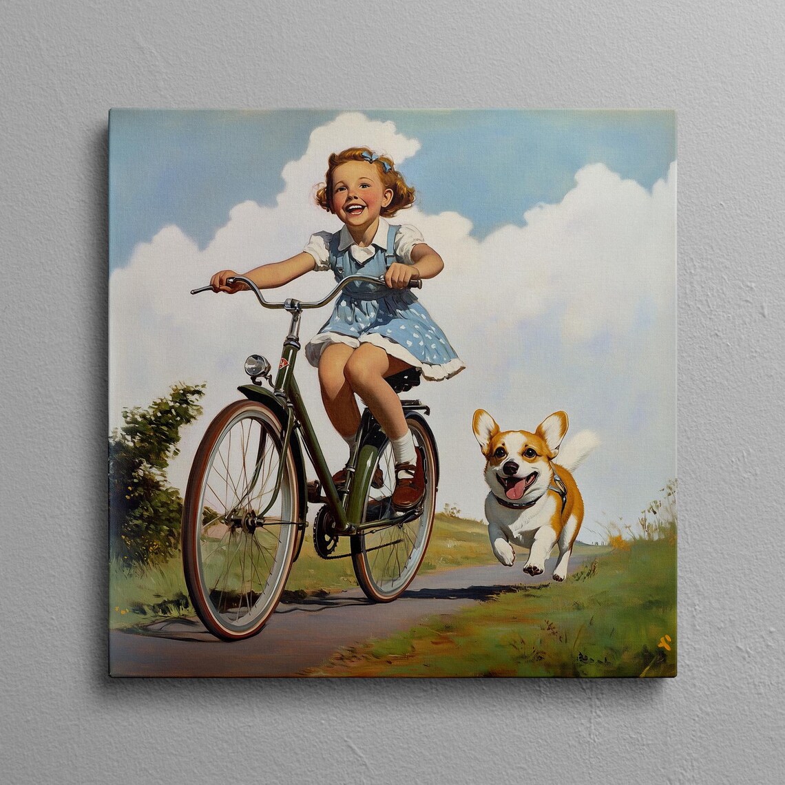 Corgi Dog Riding Bicycle Basket Poster with Summer Flower Field