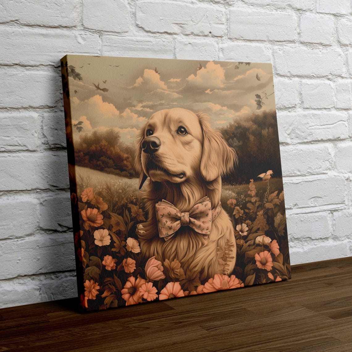 Golden Retriever With Bow Tie in a Flower Field Vintage Poster - Image 4
