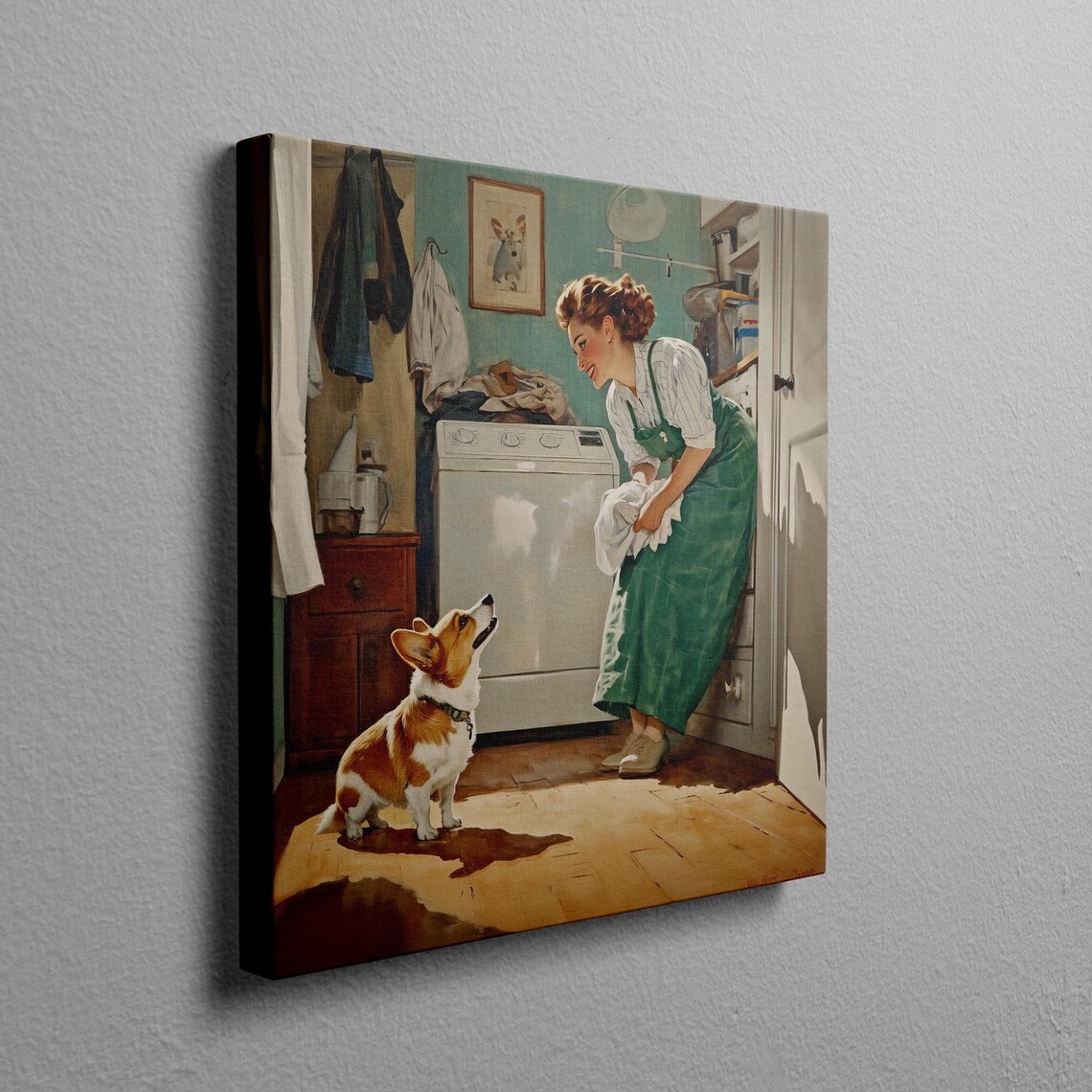 Retro Woman Washing Clothes With Corgi Laundry Helper Wall Art - Image 2