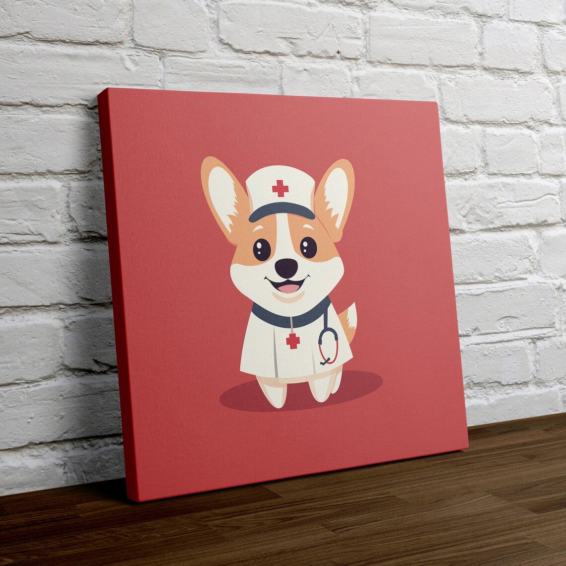 Corgi Nurse Cartoon Puppy Dog in Red Nurse Uniform Room Poster - Image 4