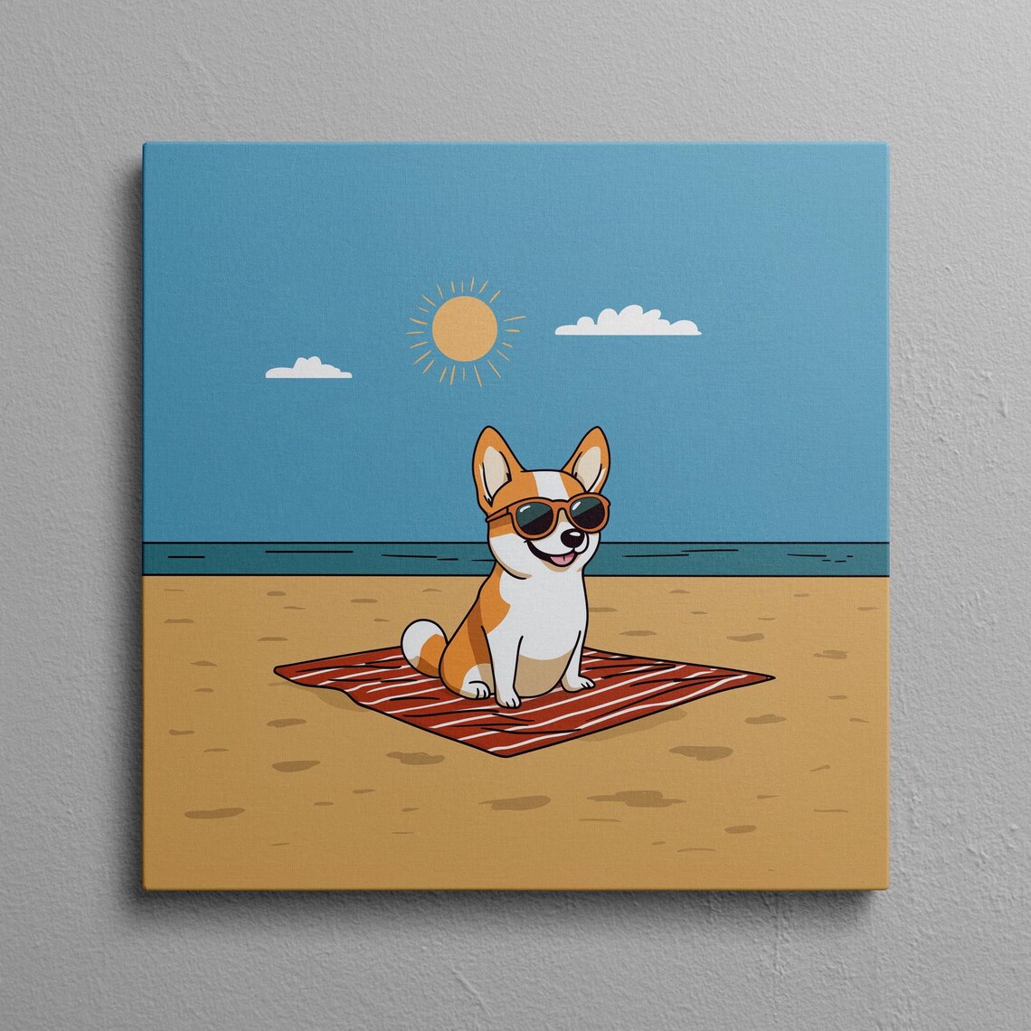 Corgi Beach Day Cartoon Puppy in Sunglasses on a Towel Poster