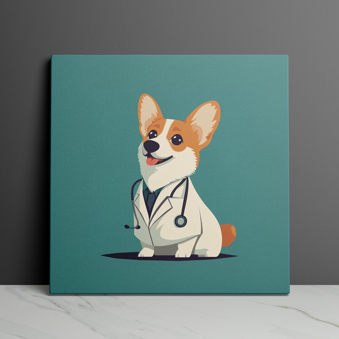Cartoon Corgi Doctor Portrait Dog in White Coat Stethoscope Poster - Image 2