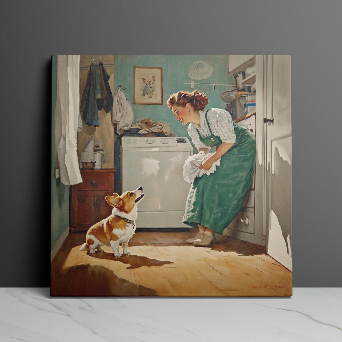 Retro Woman Washing Clothes With Corgi Laundry Helper Wall Art - Image 3