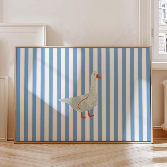 Coastal Goose Print Preppy Duck Wall Art Nautical Nursery Decor Vintage Animal Poster Retro Striped Kids Room