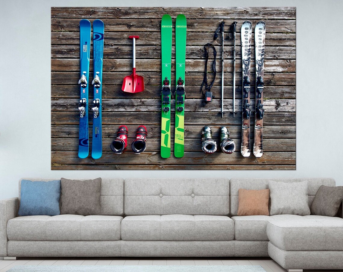 Colorful Ski Equipment Flat Lay Rustic Wood Winter Sports Poster