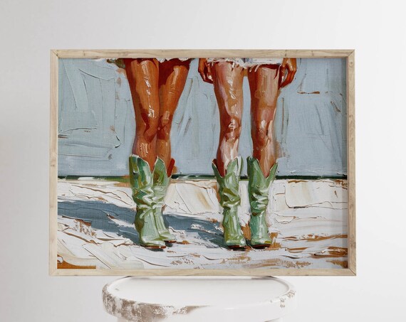 Green Cowboy Boots Beach Pair Western Oil Painting Coastal Poster