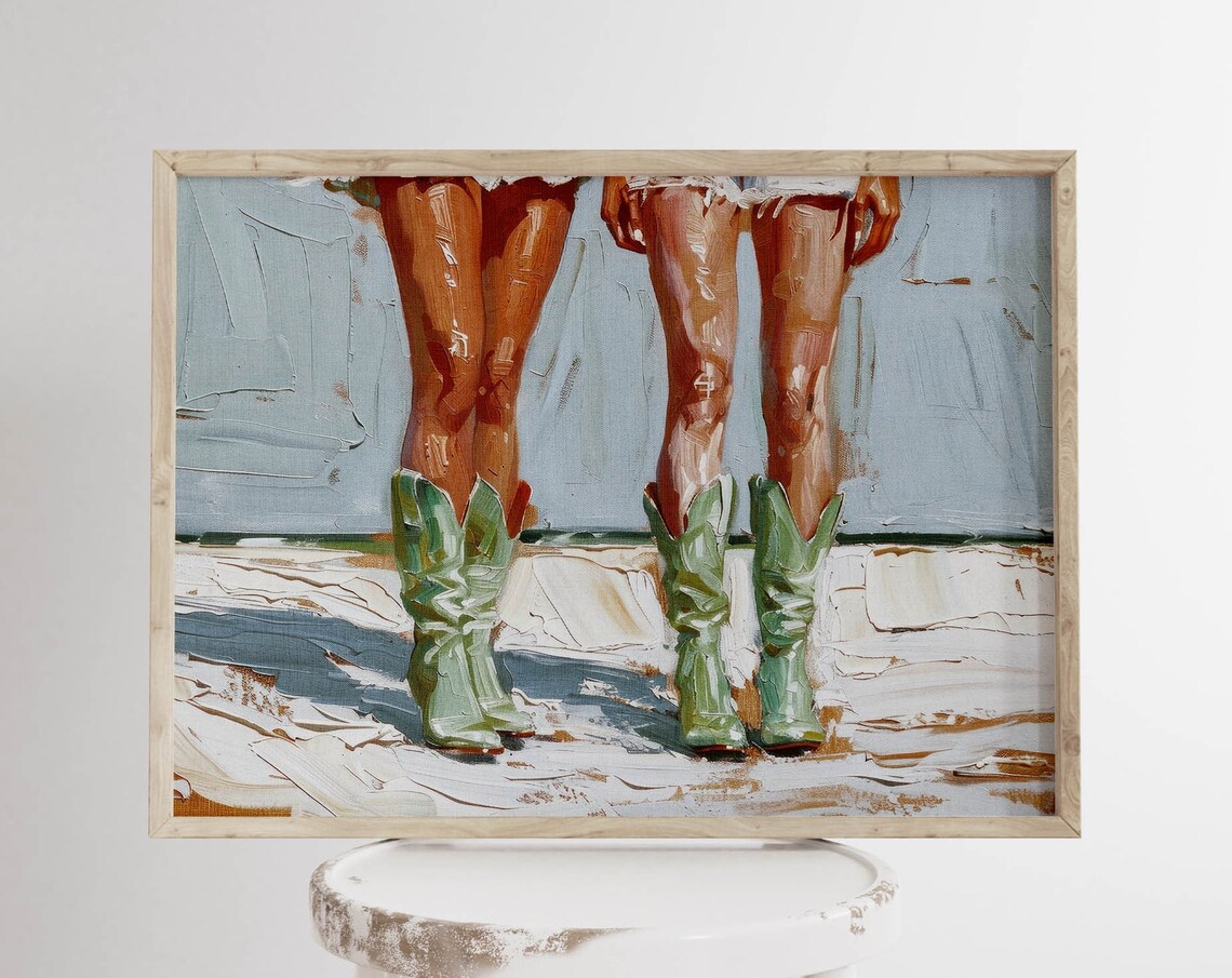 Green Cowboy Boots Beach Pair Western Oil Painting Coastal Poster