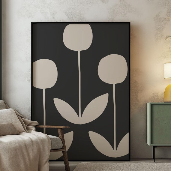 Abstract Floral Mid Century Modern Wall Art Beige And Black Office Black Nordic Room Decor Moody Botanical Wall Art 1908
