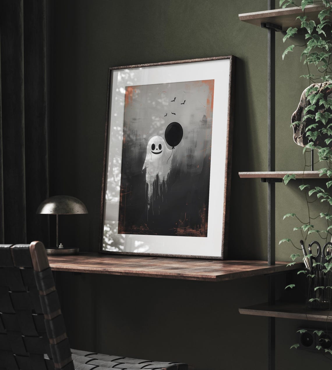 Cute Ghost Holding A Black Balloon With Flying Bats Party Poster - Image 4