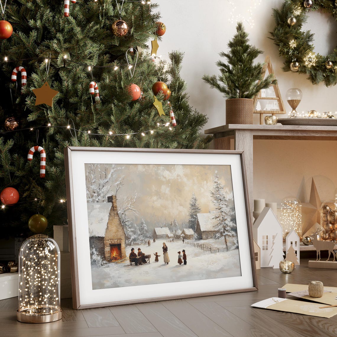 Vintage Winter Village Scene Cozy Snowy Countryside Painting Rustic Christmas Wall Art Farmhouse Holiday Decor Winter Family Artwork - Image 2