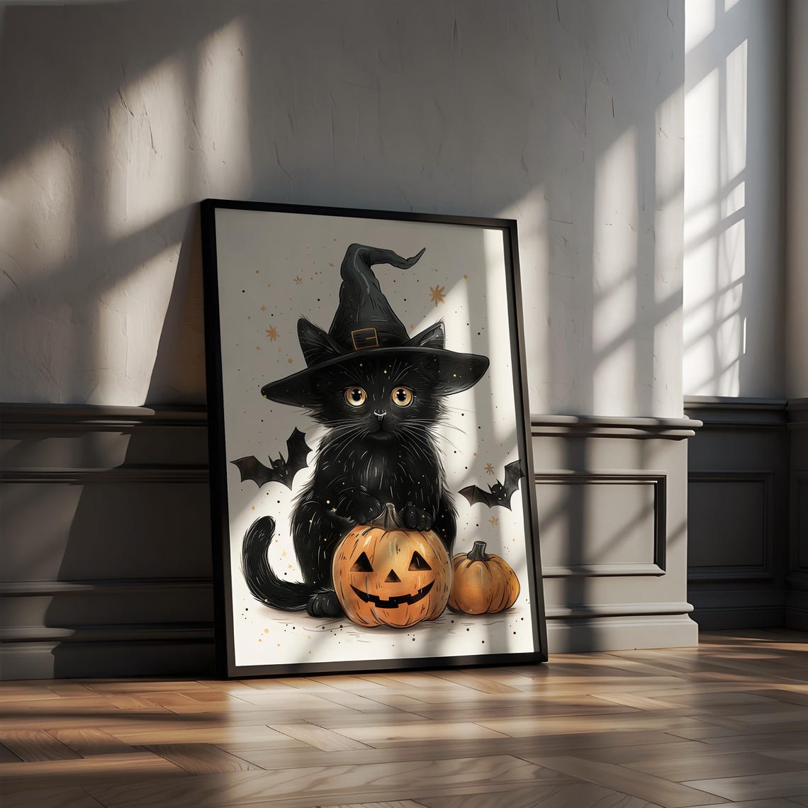 Cute Black Cat In A Witch Hat With Pumpkins And Bats Spooky Poster - Image 4