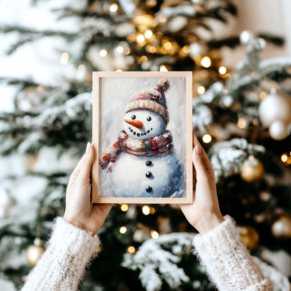 Smiling Snowman with Knit Hat and Plaid Scarf Winter Art Poster - Image 4