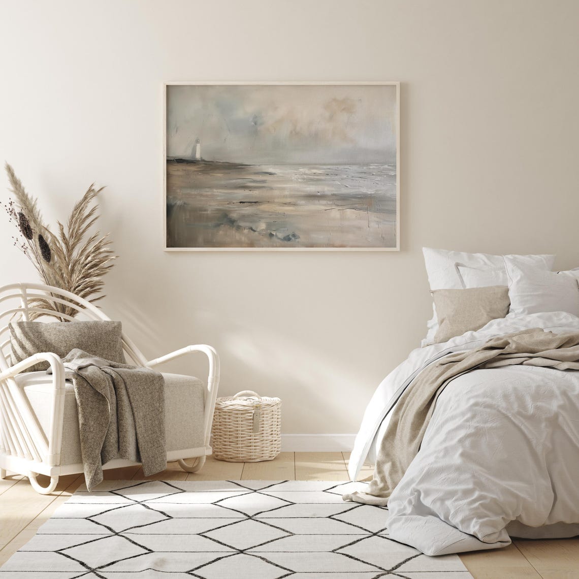 Misty Beach Seascape With A Distant Lighthouse Coastal Art Poster - Image 3