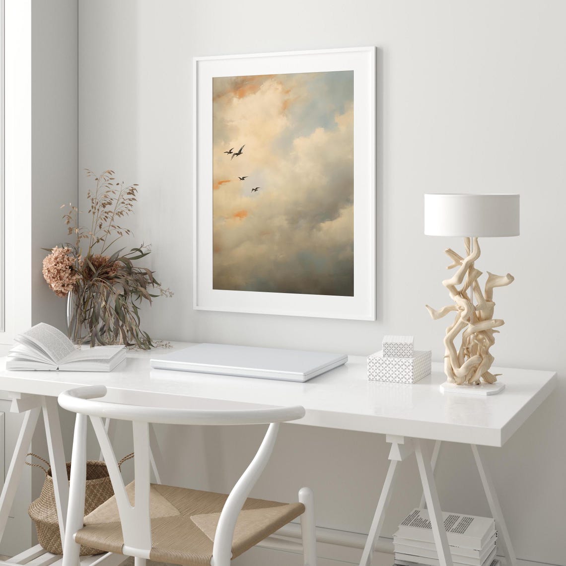 Flock of Birds Soaring Through a Soft Cloudy Sky Painting Poster - Image 2