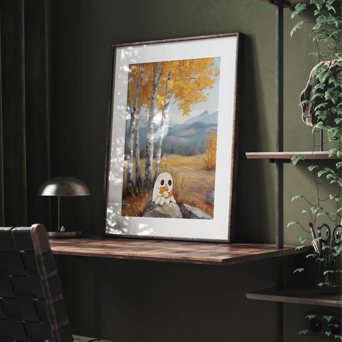 Cute Ghost Hugging an Orange Cat in Autumn Birch Forest Poster - Image 3