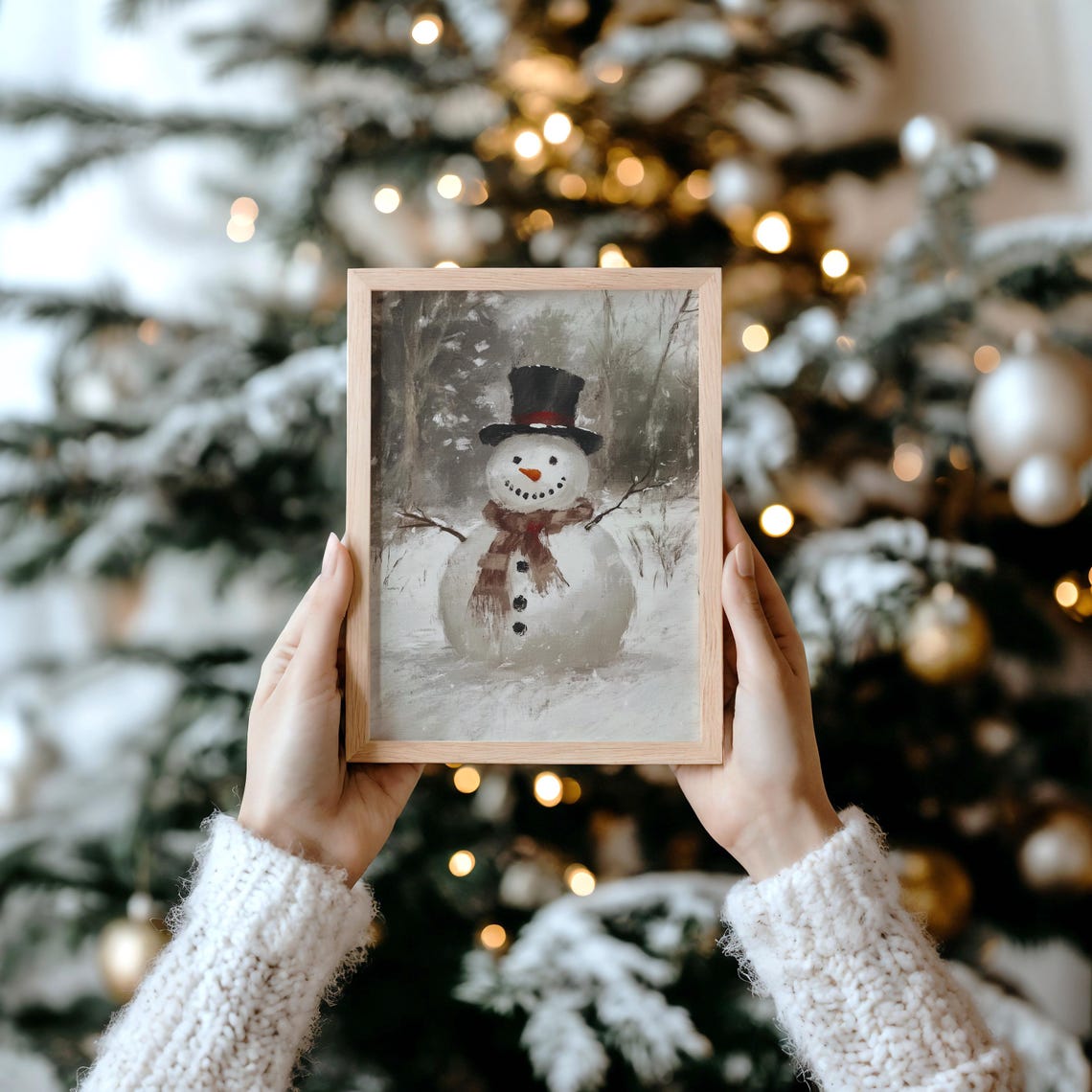 Vintage Snowman with Top Hat Scarf in Snowy Forest Painting Poster - Image 3