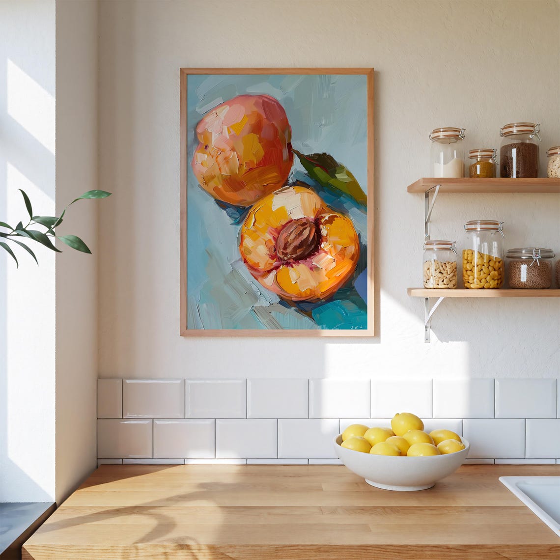 Vibrant Peach Still Life Modern Fruit Kitchen Wall Decor Poster - Image 3