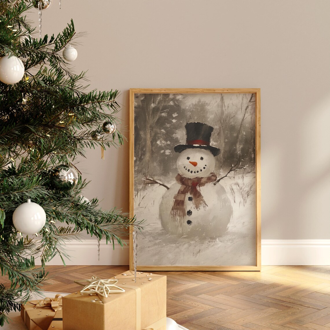 Vintage Snowman with Top Hat Scarf in Snowy Forest Painting Poster - Image 2