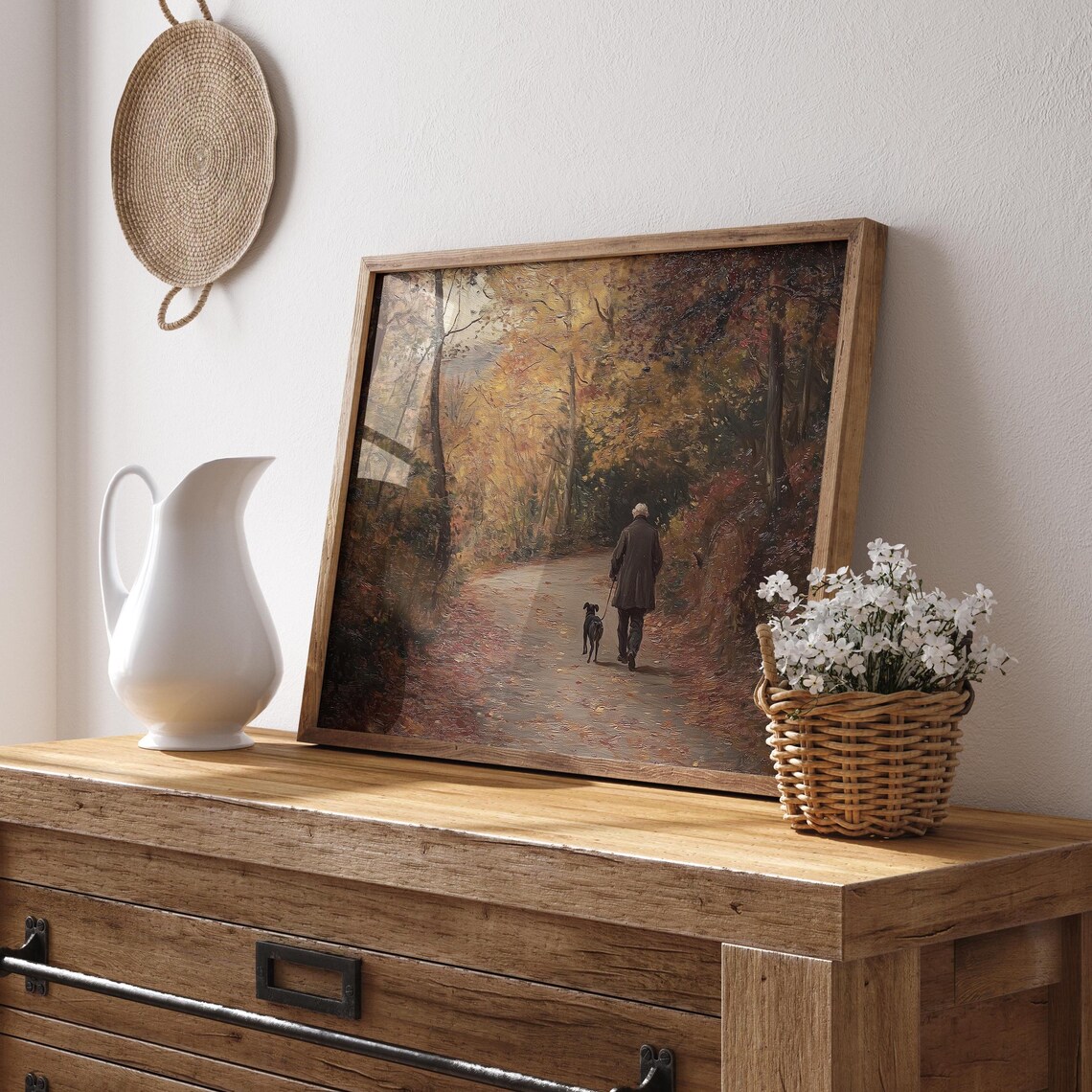 Old Man Walking His Dog Down an Autumn Forest Road Painting Poster - Image 3