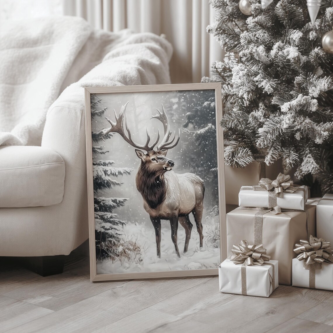 Majestic Elk with Grand Antlers Standing in Snowy Forest Poster - Image 4