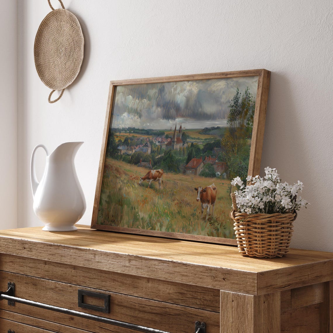 Cows Overlooking European Village Vintage Pastoral Art Poster - Image 2