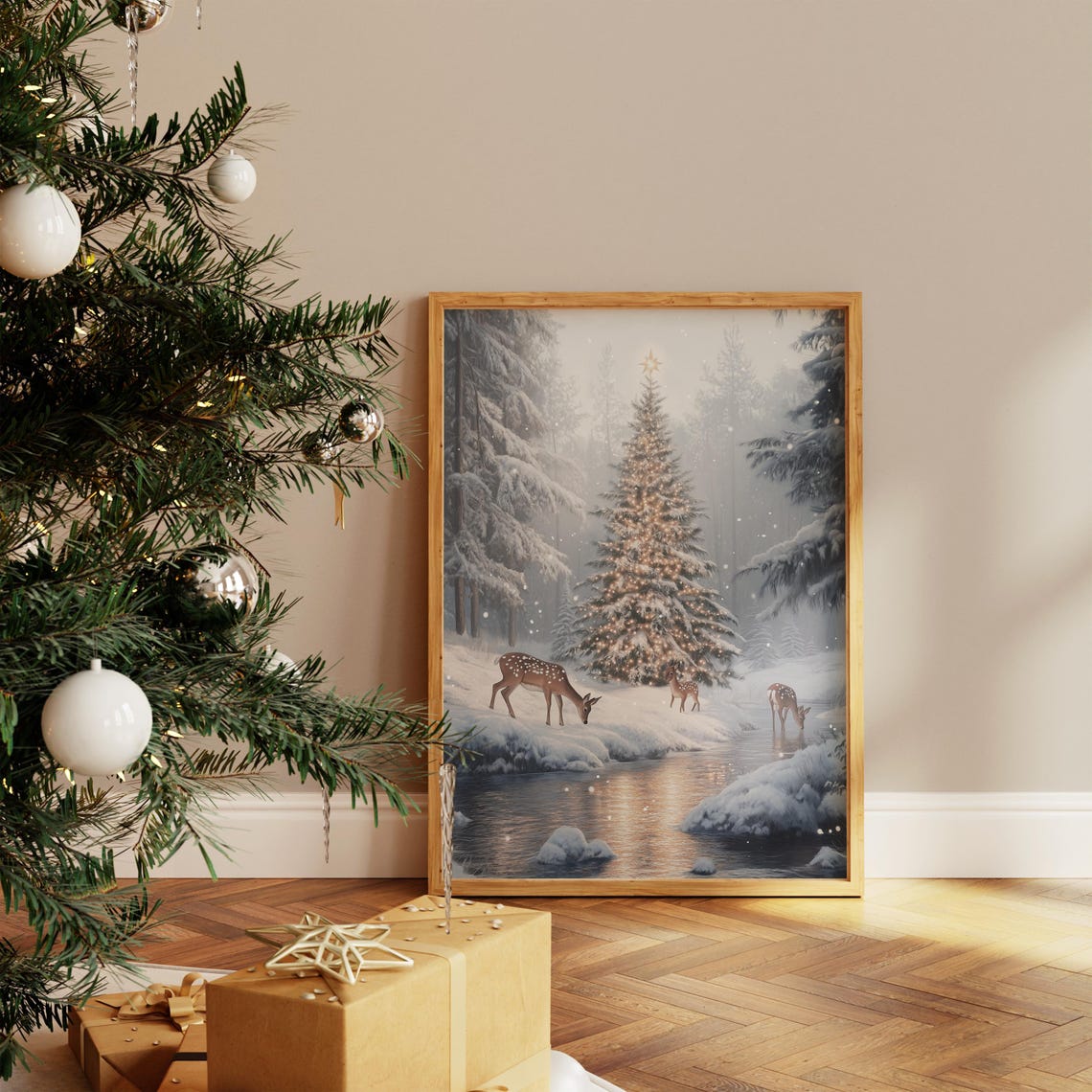 Three Deer Snowy Stream Glowing Christmas Tree Winter Poster - Image 3