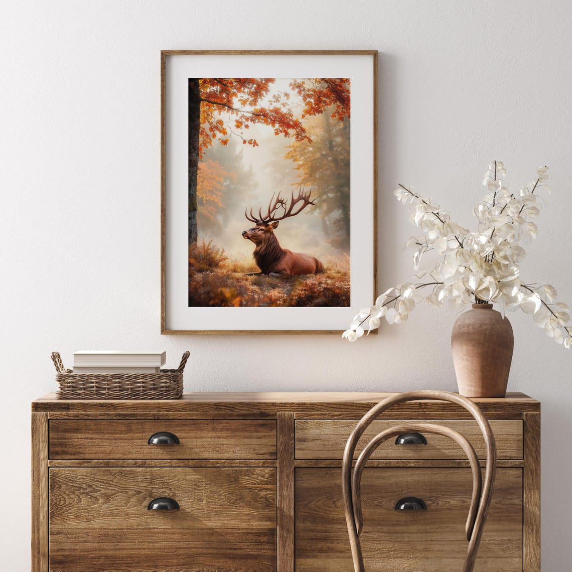 Red Stag Resting in a Misty Golden Autumn Forest Clearing Poster - Image 3