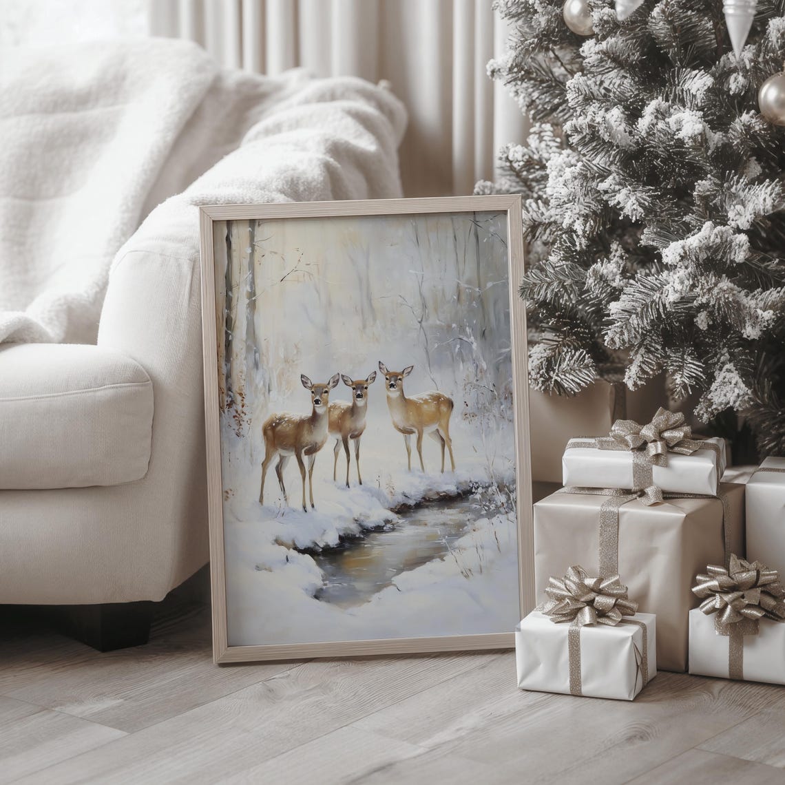Three Deer at a Snowy Forest Stream in Winter Painting Poster - Image 4