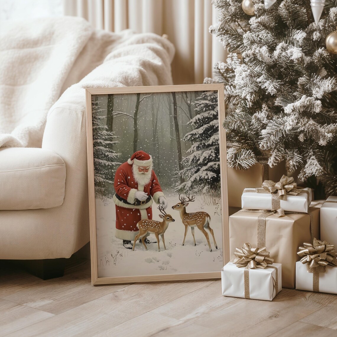 Santa Claus Gently Feeding Two Spotted Fawns In A Snowy Forest Poster - Image 4