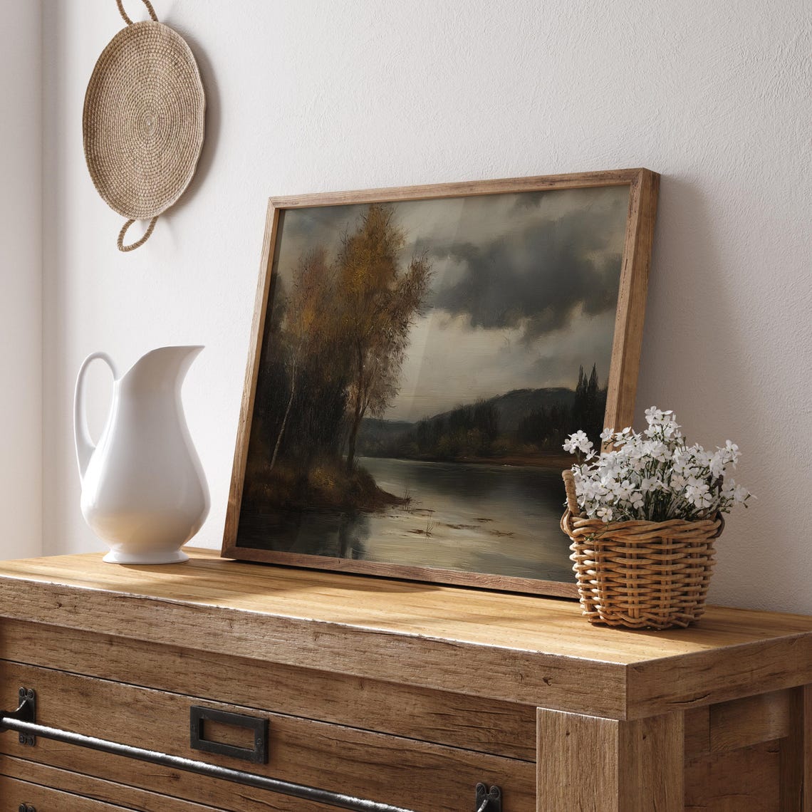 Moody Autumn Lake Landscape Birch Trees Under Dark Clouds Poster - Image 2