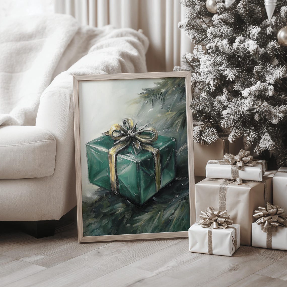 Emerald Green Gift Box With Gold Bow Christmas Still Life Poster - Image 2