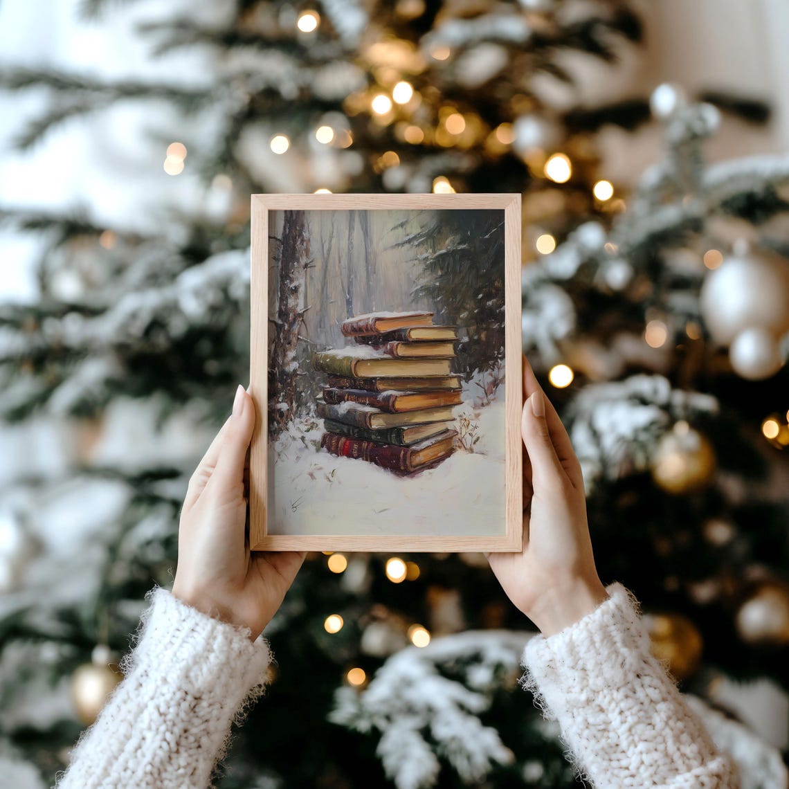 Stack Of Antique Books Dusty With Snow In A Winter Forest Poster - Image 4