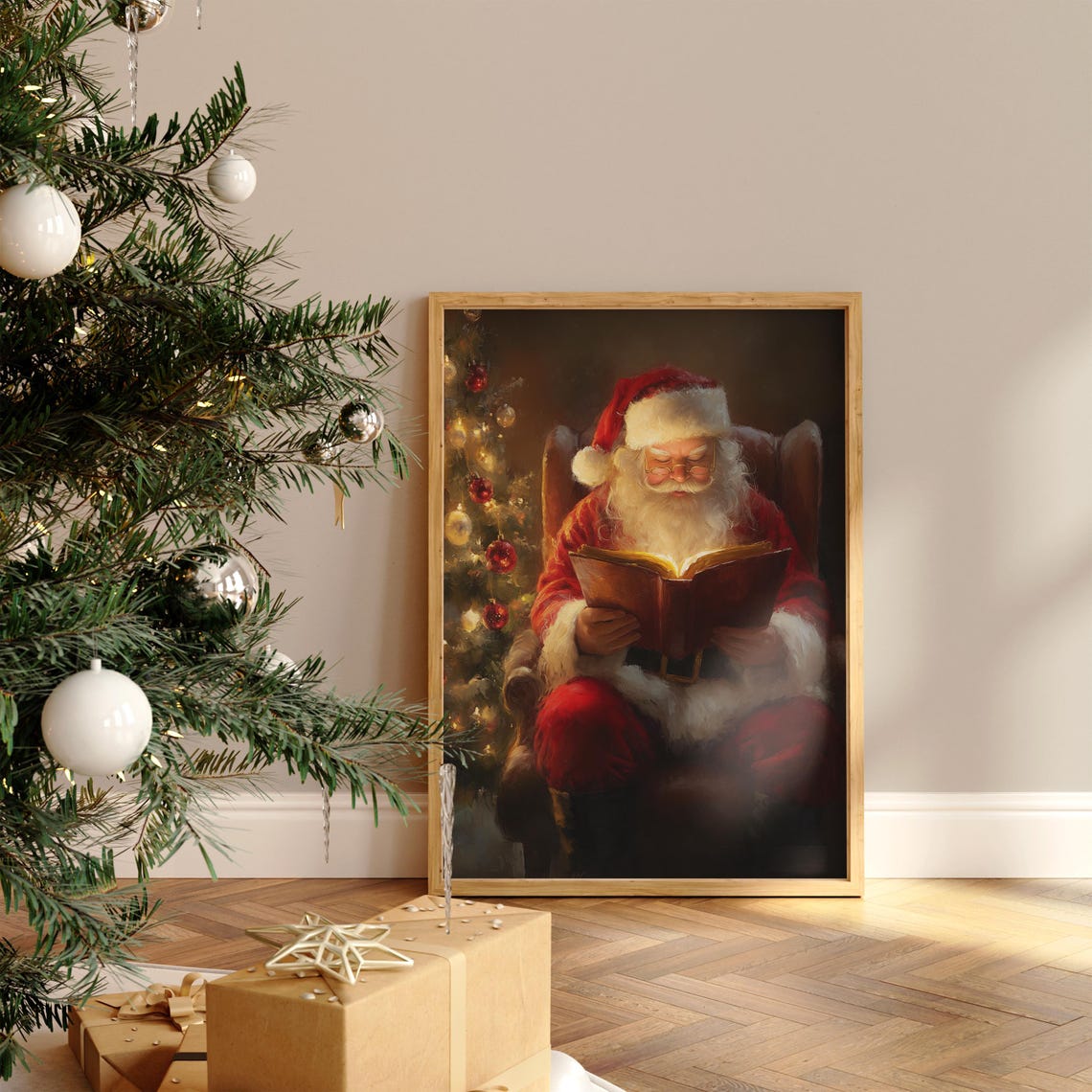 Santa Claus Reading Glowing Book Armchair Christmas Tree Poster - Image 3
