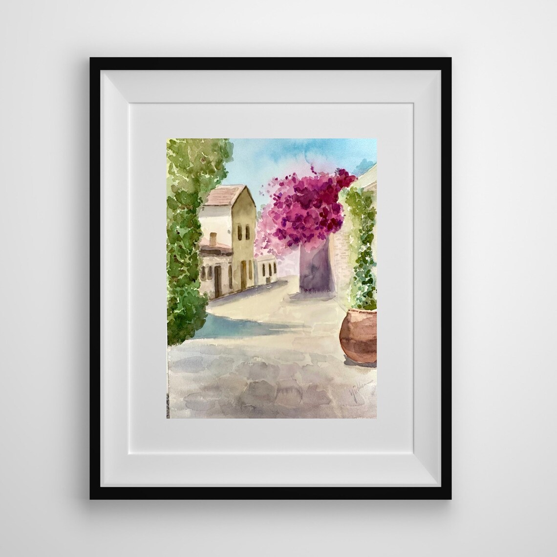 Mediterranean Street With Bougainvillea Watercolor Village Poster - Image 3