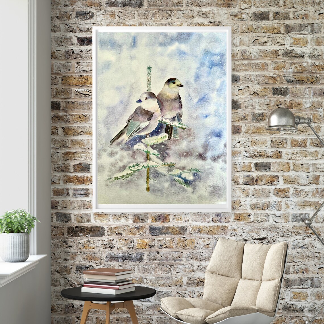 Two Songbirds on Snowy Fir Branches Winter Watercolor Painting Poster - Image 3