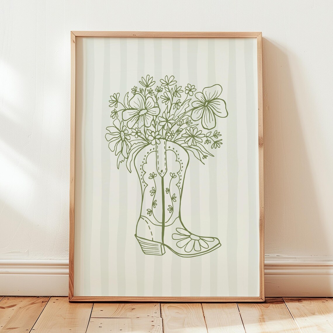 Cowgirl Boot Flower Bouquet Sage Green Line Art Western Poster