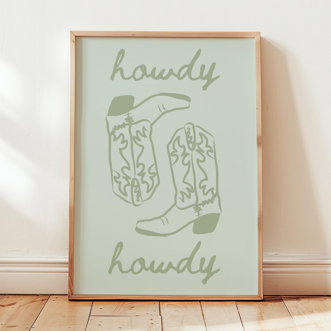 Howdy Cowboy Boots Sage Green Western Script Line Art Wall Art